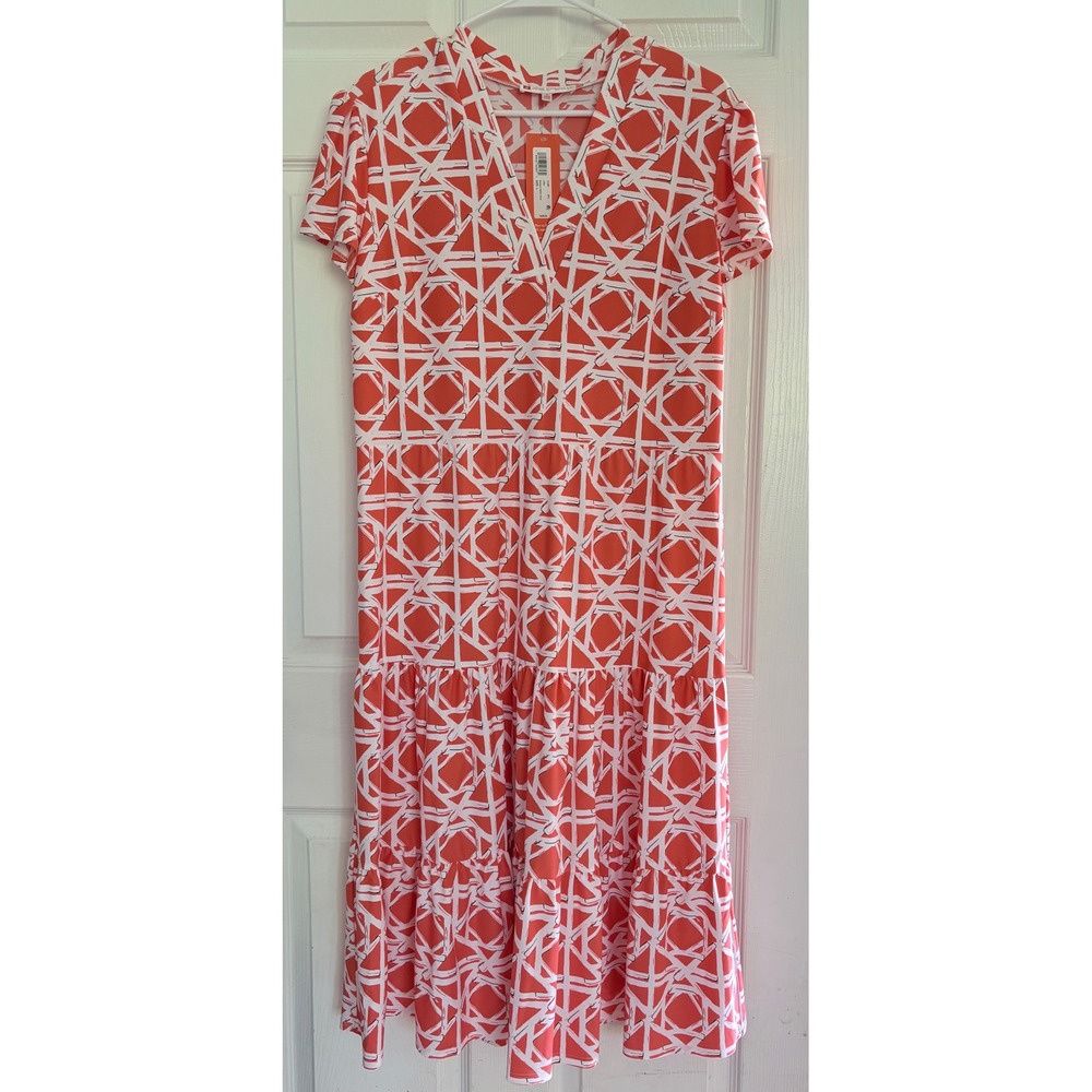 Jude Connally Libby Dress Size L Coral Bamboo Rattan Tiered Midi SS V-Neck